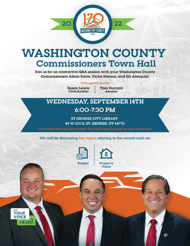 Commissioners Town Hall on Wednesday, September 14, 2022, from 6pm - 7:30pm at St. George Library